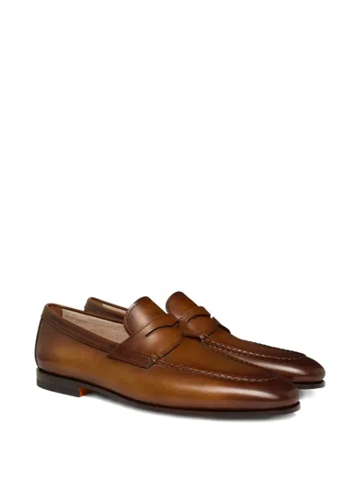 Santoni Leather Penny Loafers In Brown