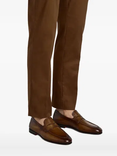 Santoni Leather Penny Loafers In Brown