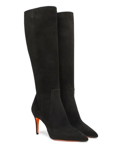 Santoni High-heel Suede Boots In Black