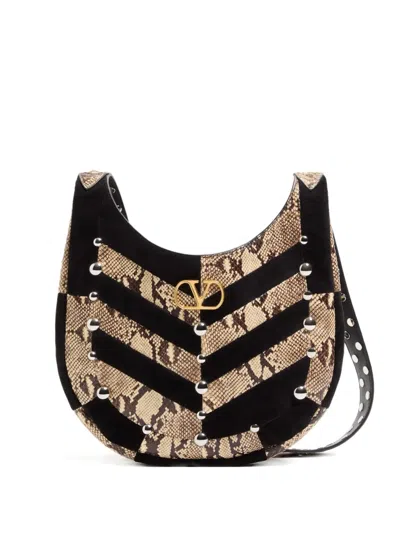 Valentino Garavani  Garavani Hoboho Small Hobo Bag In Python And Chevron-patterned Suede Wi In Neutral