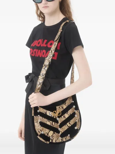 Valentino Garavani  Garavani Hoboho Small Hobo Bag In Python And Chevron-patterned Suede Wi In Neutral