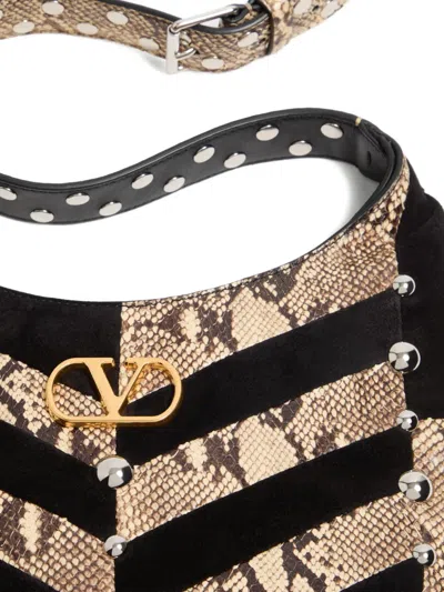 Valentino Garavani  Garavani Hoboho Small Hobo Bag In Python And Chevron-patterned Suede Wi In Neutral