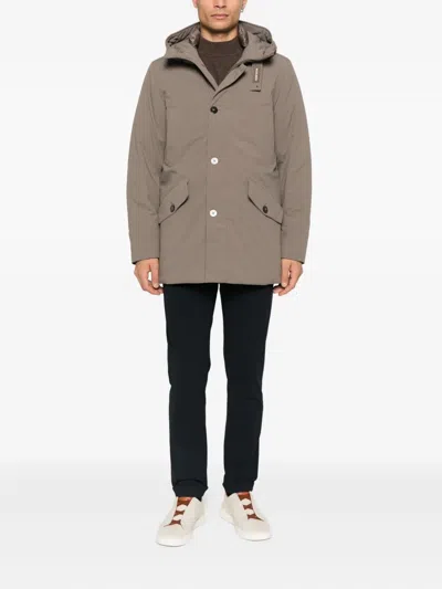 Woolrich Button Hooded Jacket In Brown