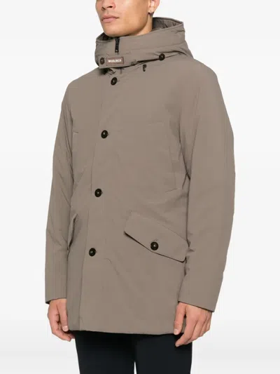 Woolrich Button Hooded Jacket In Brown