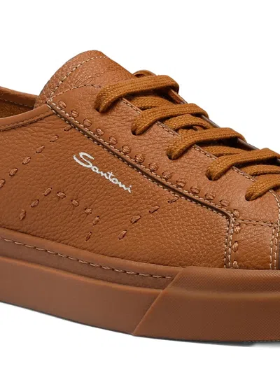 Santoni Tumbled Leather Sneakers In Brown
