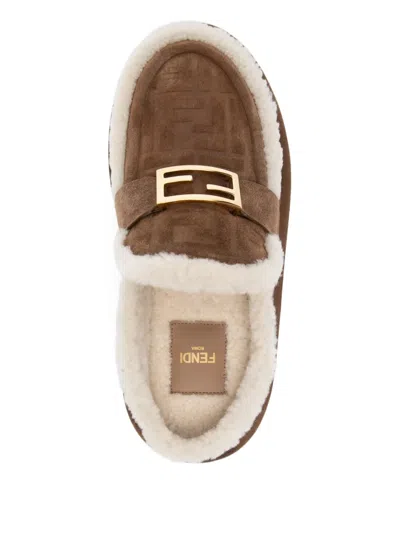 Fendi Women Beige Mules With Logo Lettering On The Rear And Ff Buckle In Suede Woman In Multi
