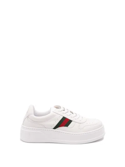 Gucci Women White Sneakers With Web Detail And Oversized Sole In Leather Woman