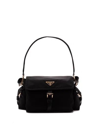 Prada Explore` Medium Re-nylon Bag In Black