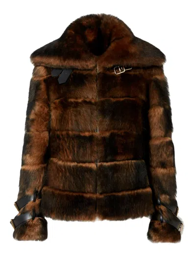 Fendi Women Color Pequin Motif Fur Aviator Jacket In Brown