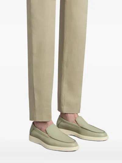 Santoni Tumbled Leather Loafers In Green