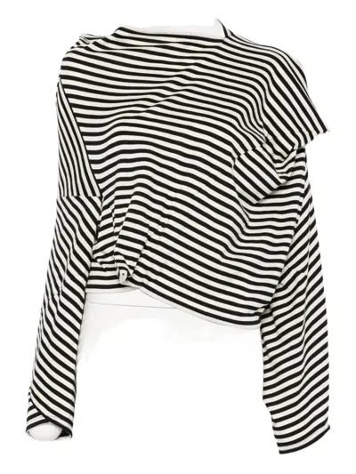 Junya Watanabe Asymmetric Striped Long Sleeve Cropped Sweater In Black