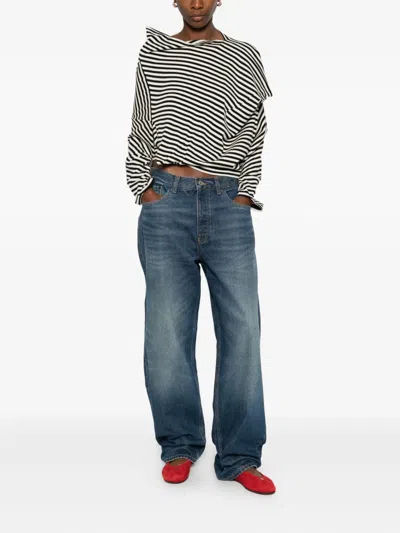 Junya Watanabe Asymmetric Striped Long Sleeve Cropped Sweater In Black