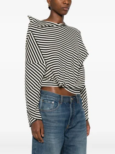 Junya Watanabe Asymmetric Striped Long Sleeve Cropped Sweater In Black