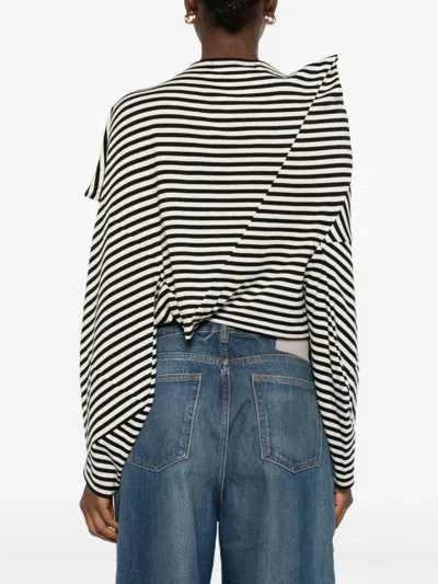 Junya Watanabe Asymmetric Striped Long Sleeve Cropped Sweater In Black
