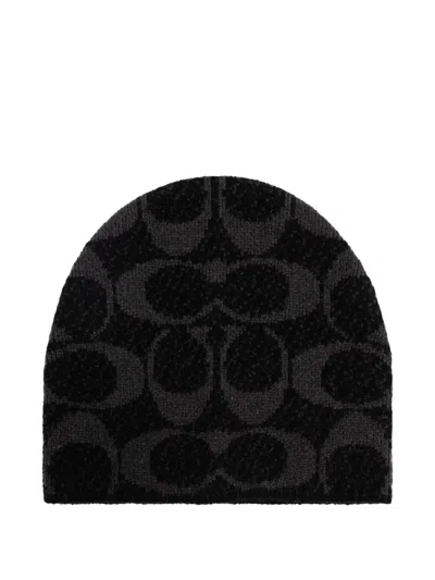 Coach Logo-patterned Beanie In Black