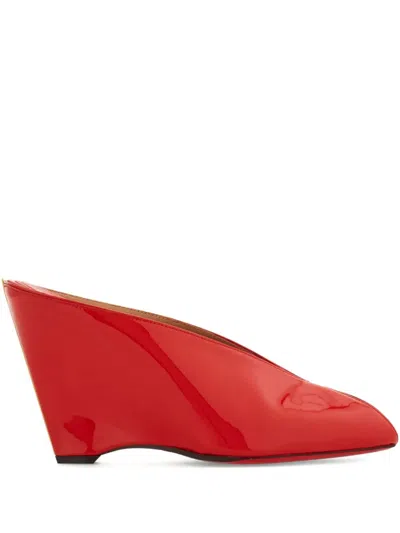 Ferragamo Alicia Patent Leather Peep-toe Wedge Mules In Red