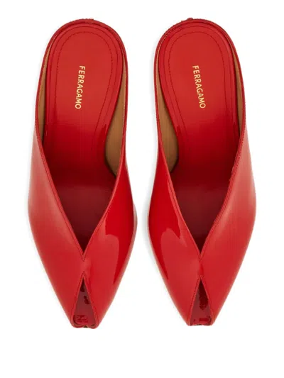 Ferragamo Alicia Patent Leather Peep-toe Wedge Mules In Red