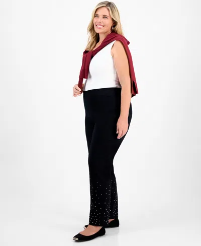 Jm Collection Rhinestone Pearl Embellished Pull-on Cambridge Pants, Macy's Exclusive In Black