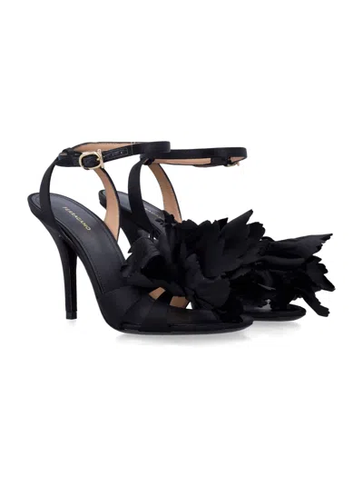 Ferragamo Black Satin Flower Sandals In Black