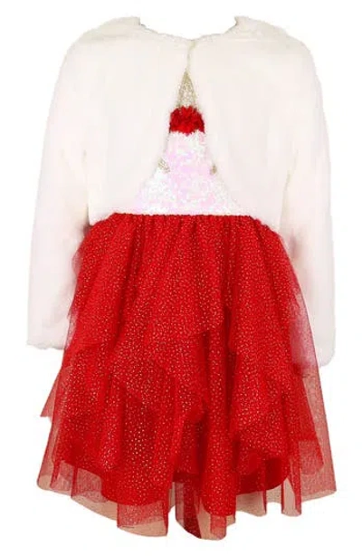 Zunie Kids' Unicorn Party Dress & Faux Fur Cardigan Set In Red