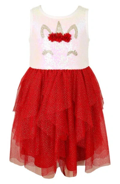 Zunie Kids' Unicorn Party Dress & Faux Fur Cardigan Set In Red