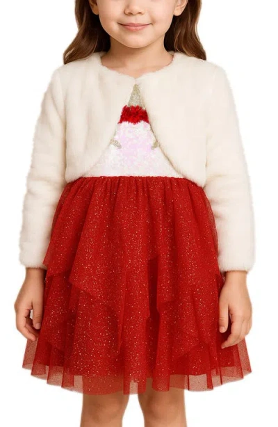 Zunie Kids' Unicorn Party Dress & Faux Fur Cardigan Set In Red