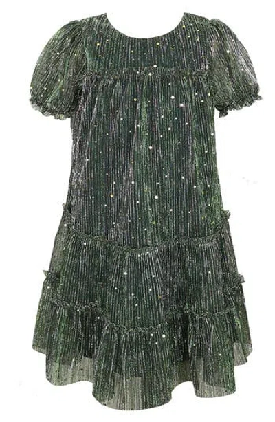 Zunie Kids' Plissé Metallic Babydoll Dress In Green