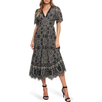 Flying Tomato Two-tone Lace Short Sleeve Midi Dress In Black