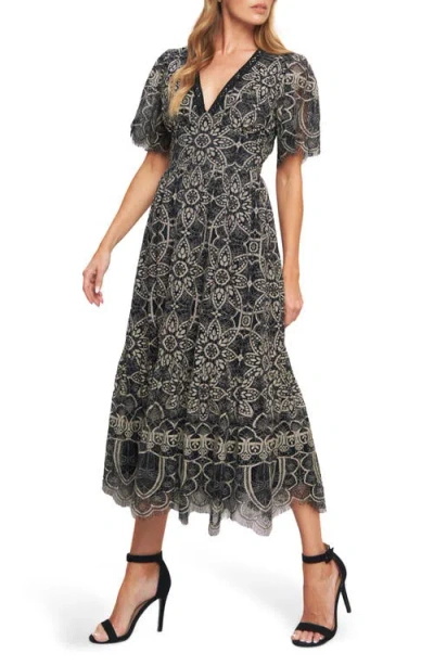Flying Tomato Two-tone Lace Short Sleeve Midi Dress In Black