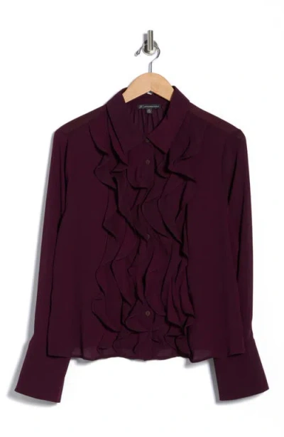 Adrianna Papell Ruffle Front Button-up Shirt In Brown