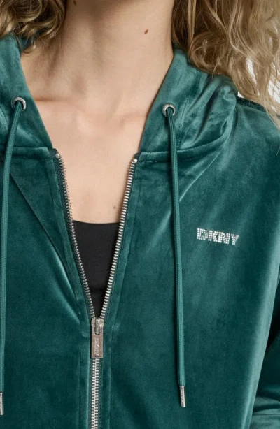 Dkny Rhinestone Velour Zip Hoodie In Green