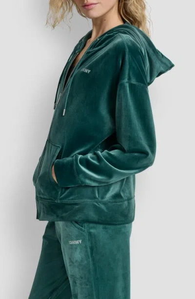 Dkny Rhinestone Velour Zip Hoodie In Green