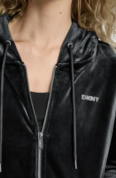 Dkny Women's Platinum Velour Rhinestone Logo Full-zip Hoodie In Black