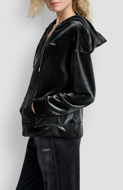 Dkny Women's Platinum Velour Rhinestone Logo Full-zip Hoodie In Black