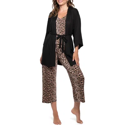 In Bloom By Jonquil Leopard Camisole Crop Pajamas & Robe Set In Multi