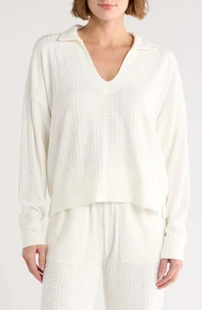 Splendid Textured Long Sleeve Sweater Polo In White