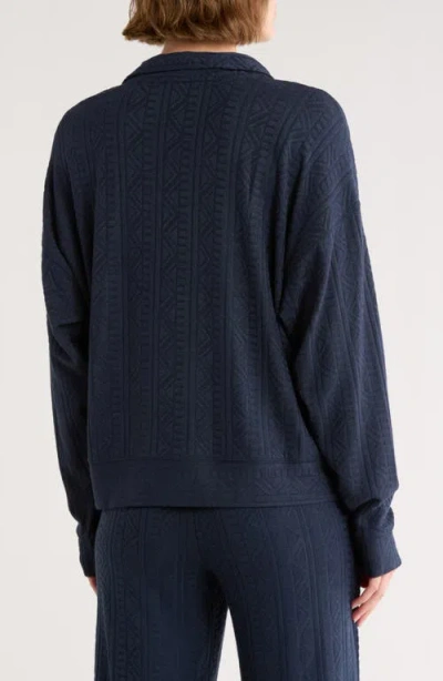 Splendid Textured Long Sleeve Sweater Polo In Blue