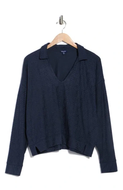 Splendid Textured Long Sleeve Sweater Polo In Blue