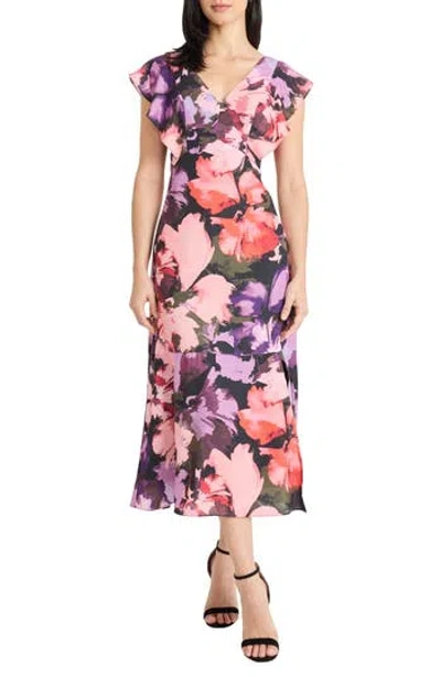 Maggy London Floral Ruffle Sleeve Midi Dress In Multi