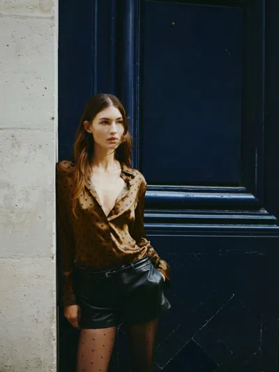 Reformation Raya Fitted Silk Shirt In Brown