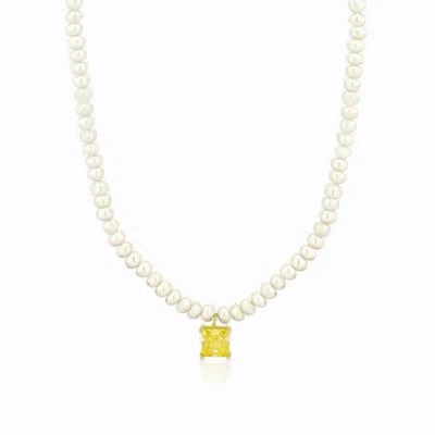 Ep Designs Women's Silver Pearl Beaded Yellow Stone Necklace In Silver