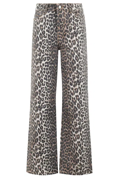 Ganni Wide-leg Animal Print High-rise Jeans With Belt Loops In Gray