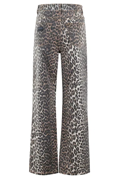 Ganni Wide-leg Animal Print High-rise Jeans With Belt Loops In Gray