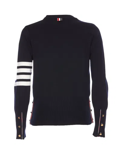 Thom Browne Textured Knit Sweater With Striped Detailing And Decorative Buttons In Blue
