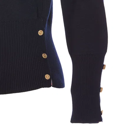 Thom Browne Textured Knit Sweater With Striped Detailing And Decorative Buttons In Blue