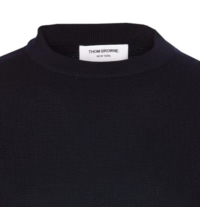 Thom Browne Textured Knit Sweater With Striped Detailing And Decorative Buttons In Blue