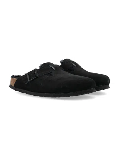 Birkenstock Boston Shearling Suede Slippers In Black
