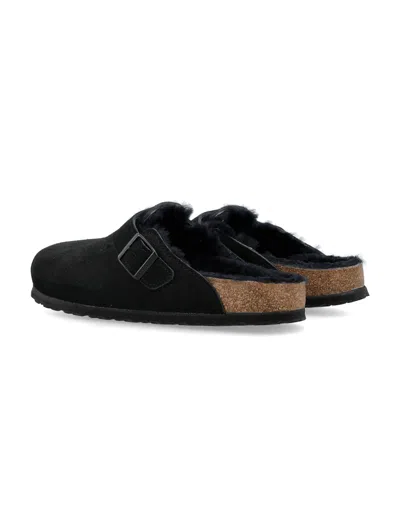 Birkenstock Boston Shearling Suede Slippers In Black
