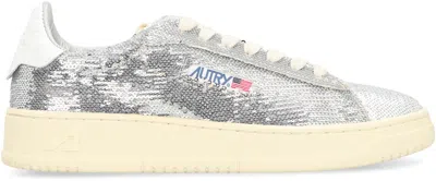 Autry Dallas Low Sparkling Sneakers In Silver And White Sequins Shoes In Silver