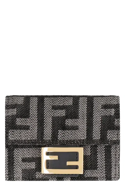 Fendi Micro Baguette Wallet In Jacquard Ff Denim Effect In Gray